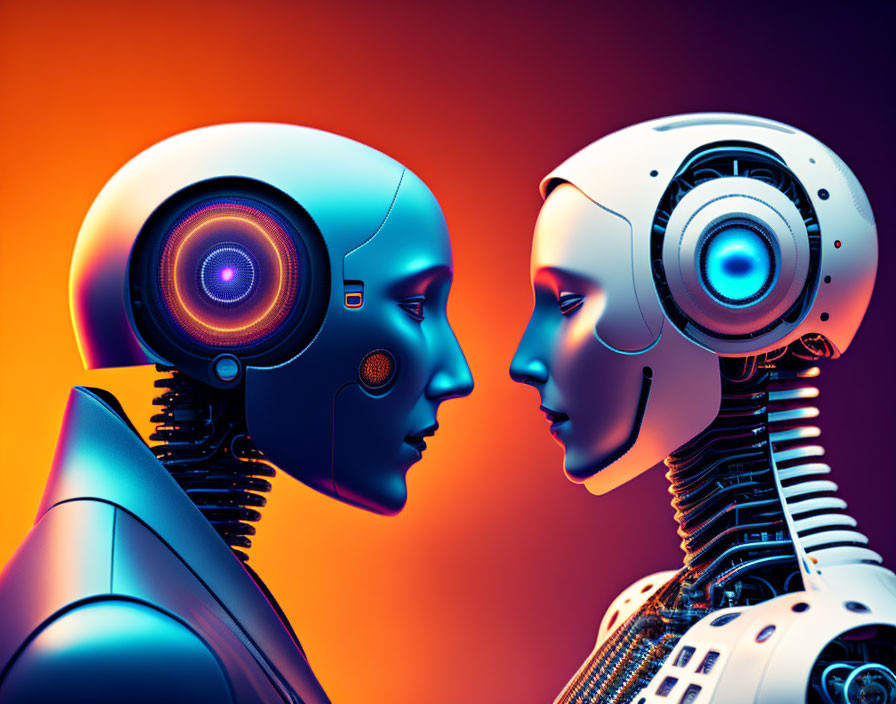 Intricate humanoid robots on orange and blue gradient background