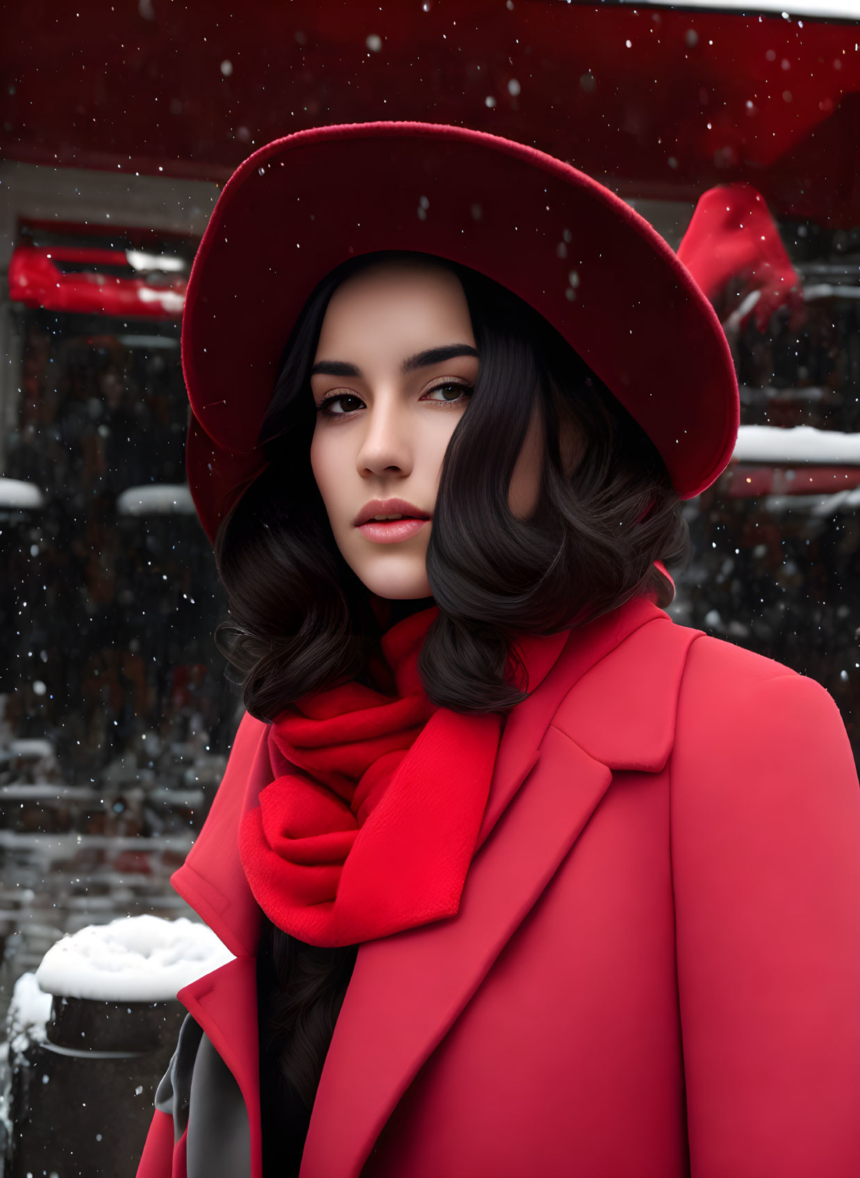 Woman in red hat and scarf gazes under falling snow