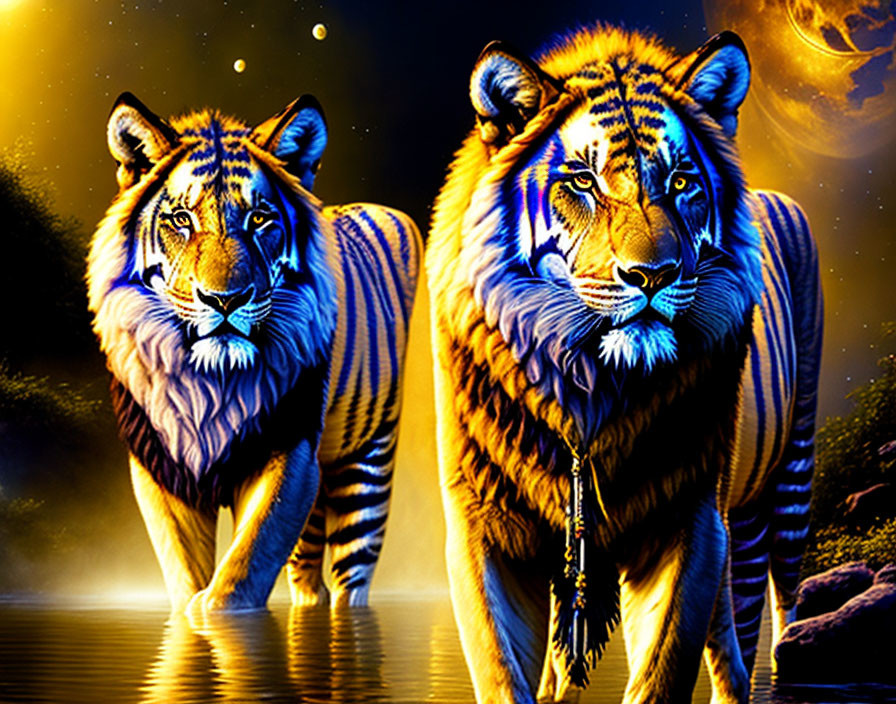 Majestic tigers with blue stripes near water under starry night sky