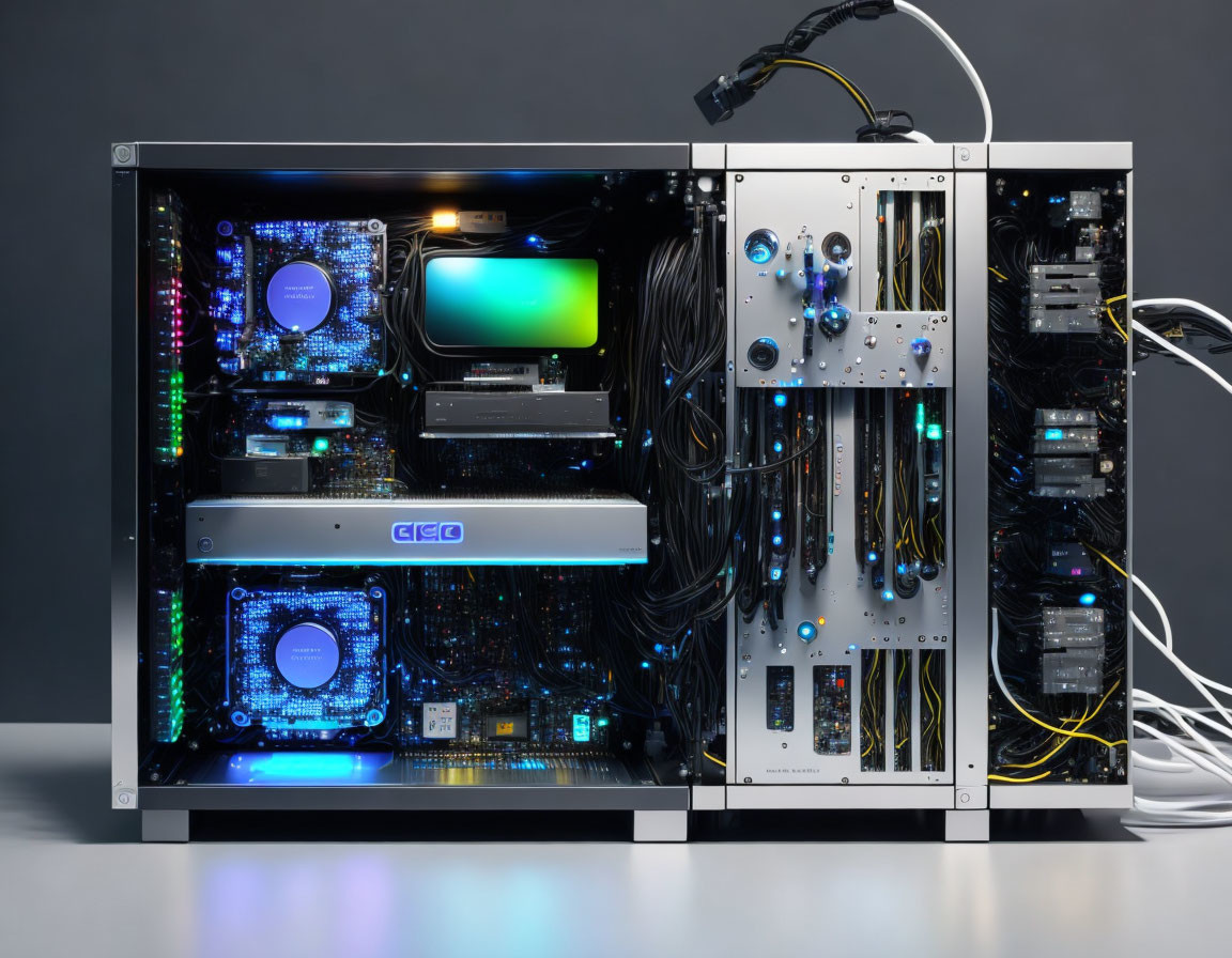 Illuminated computer case with CPU cooler, graphics card, RAM, and cables on gray backdrop