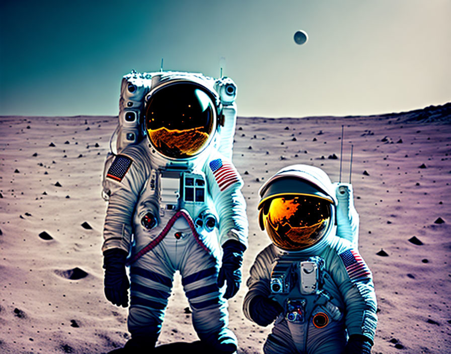 Astronauts in spacesuits on rocky surface with Earth in background.