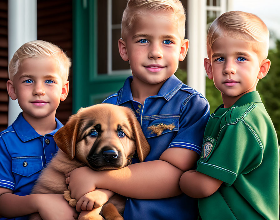 Three boys in polo shirts smiling with a brown puppy