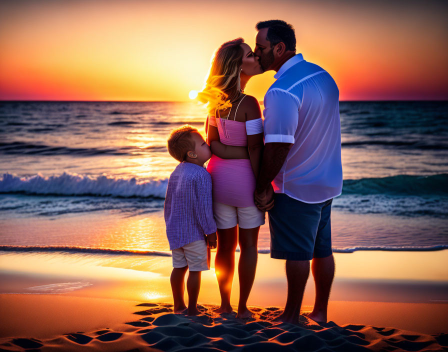 Family with child kissing on beach at sunset with vibrant sky and waves