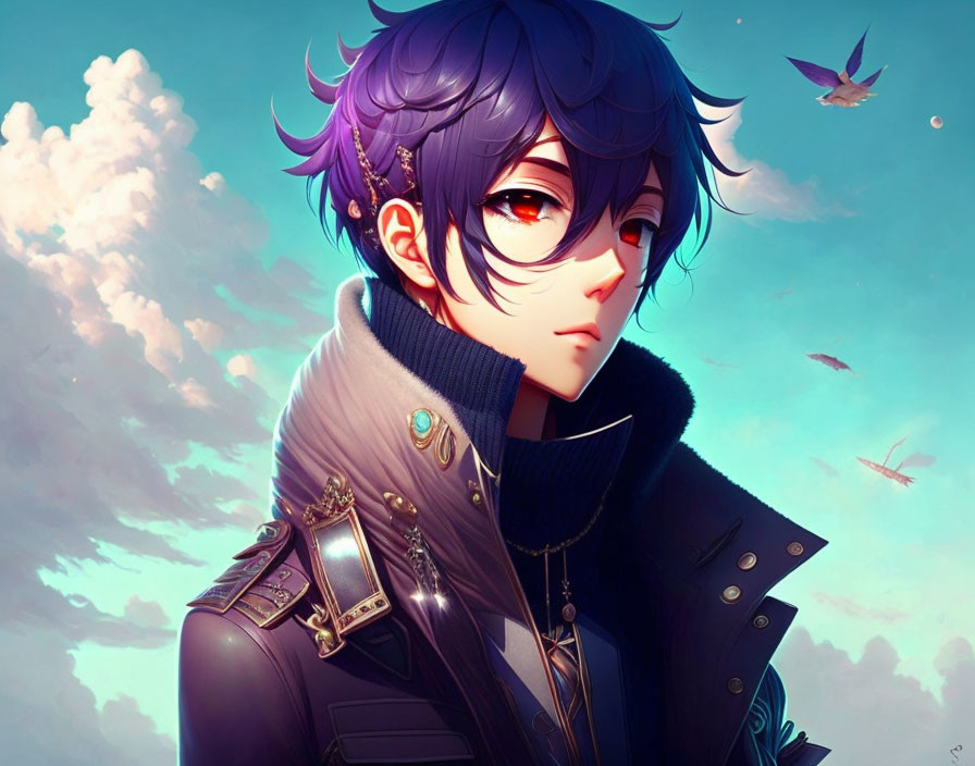 Stylized anime character with purple hair and red eye in black jacket on sky-blue background