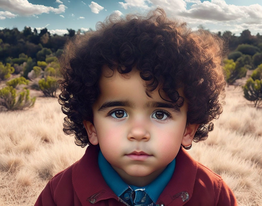 Curly-Haired Child in Red Jacket Outdoors with Trees and Grasses