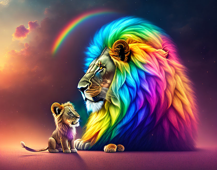 Digital artwork: Adult and cub lions with rainbow fur under twilight sky