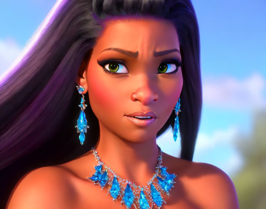 Striking Green-Eyed Woman in 3D Portrait with Blue Gemstone Jewelry