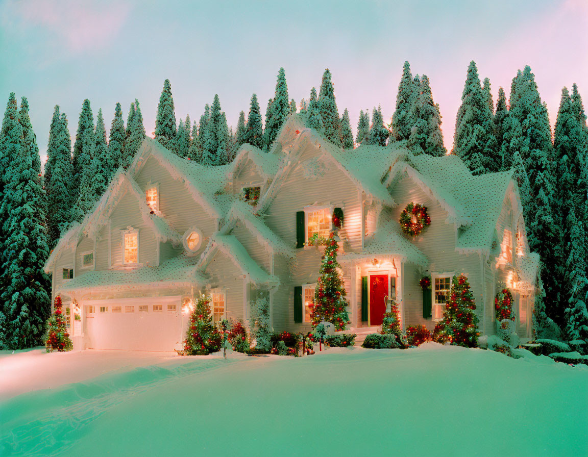 Snow-covered Christmas house with festive decorations