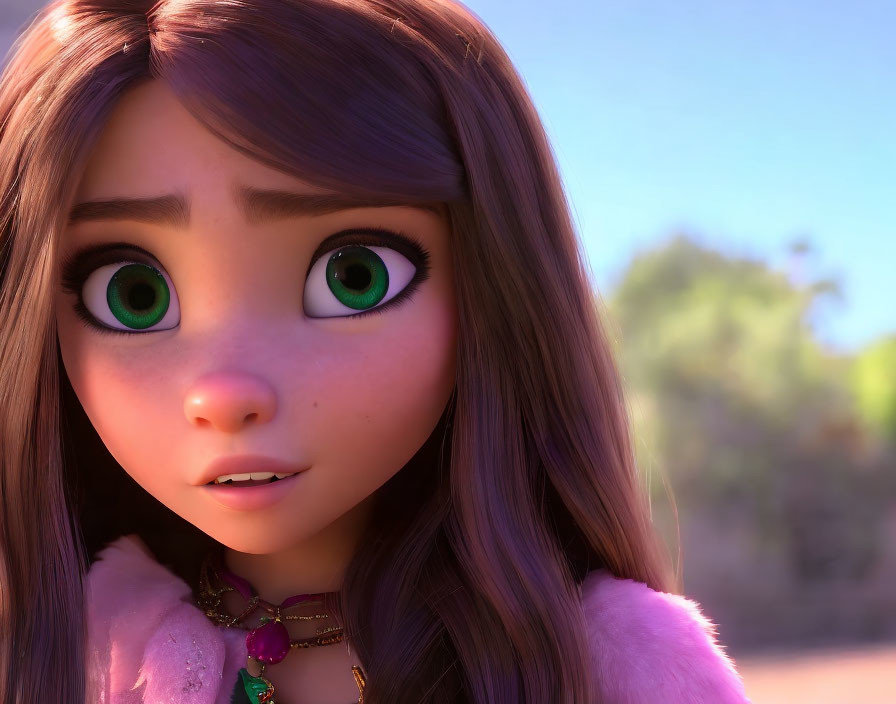 Detailed 3D animated female character with green eyes and brown hair.