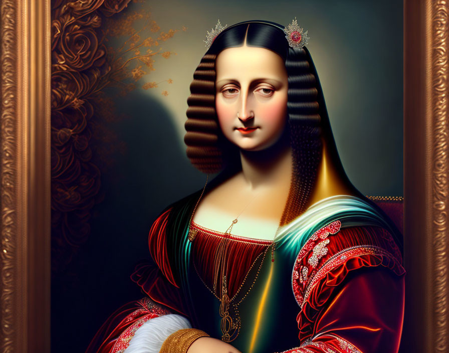 Vibrant digitally modernized Mona Lisa in decorative frame