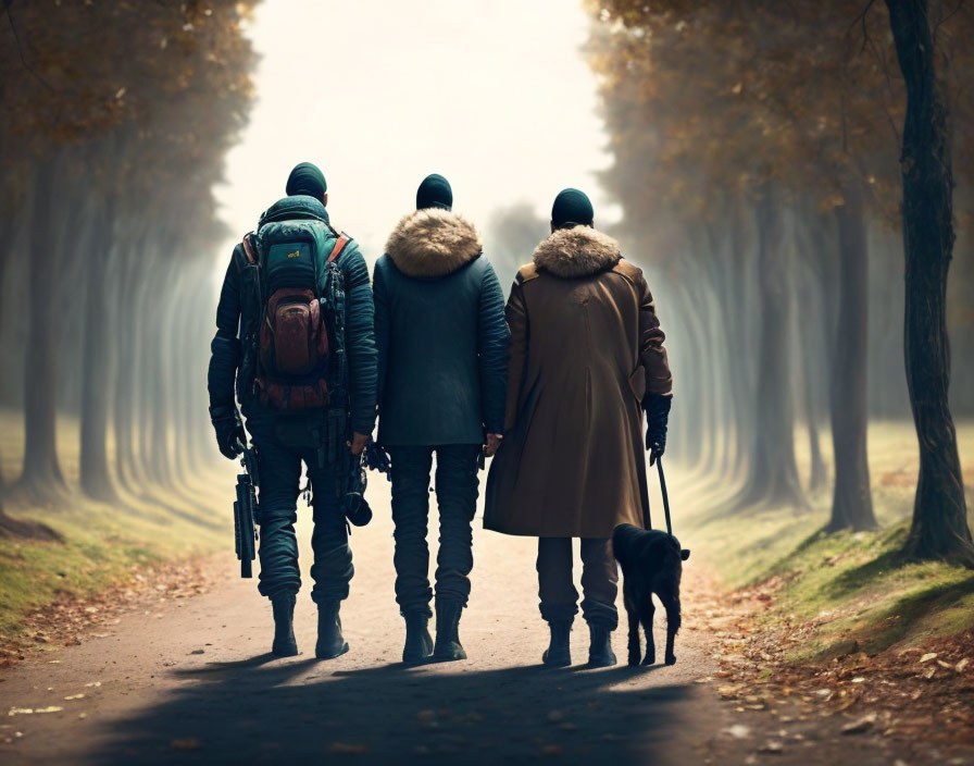 Three individuals and a dog walking on a path surrounded by trees, with fog in the background.