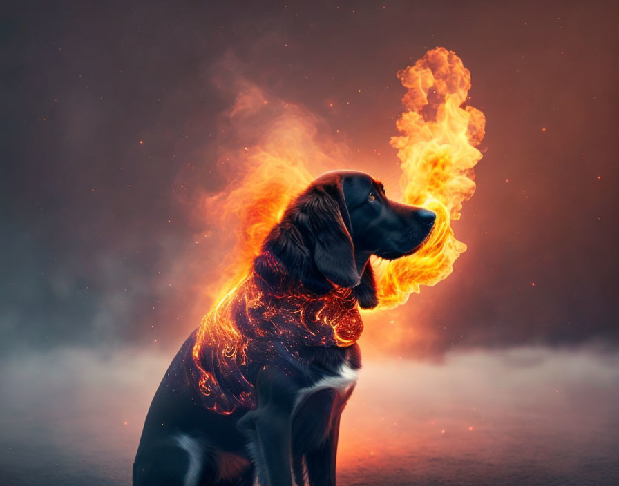 Dark-coated dog with vibrant flames on a moody background