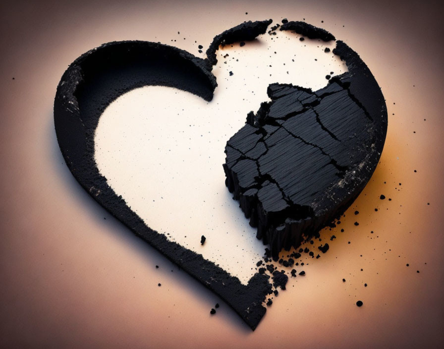 Heart-shaped symbol with black substance on light surface symbolizes lost love