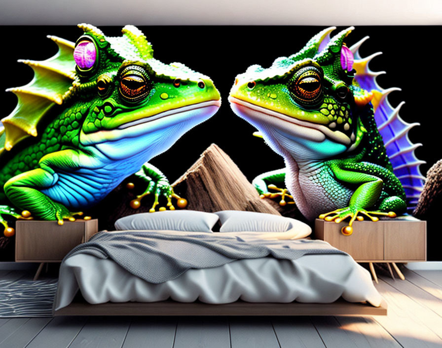 Colorful Wall Mural Featuring Stylized Frogs