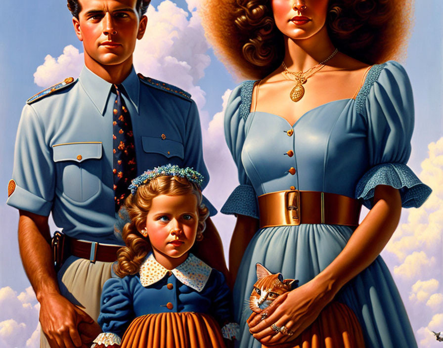 Vintage Family Illustration with Man in Uniform, Woman in Blue Dress, Child, and Cat against Sky