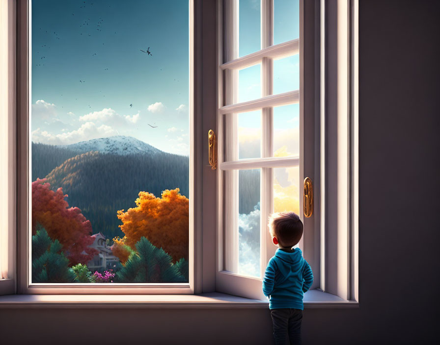 Child admires autumn view from open window with colorful trees and mountains.