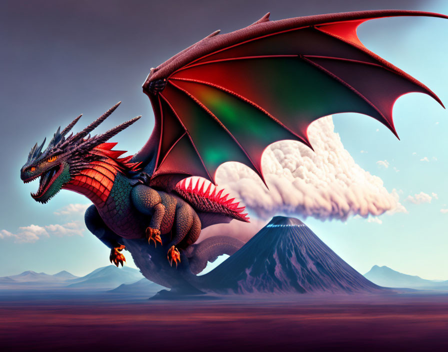 Colorful dragon flying over volcanic landscape with smoke under dramatic sky