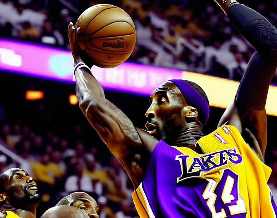 Basketball player in purple and gold Lakers uniform going for layup