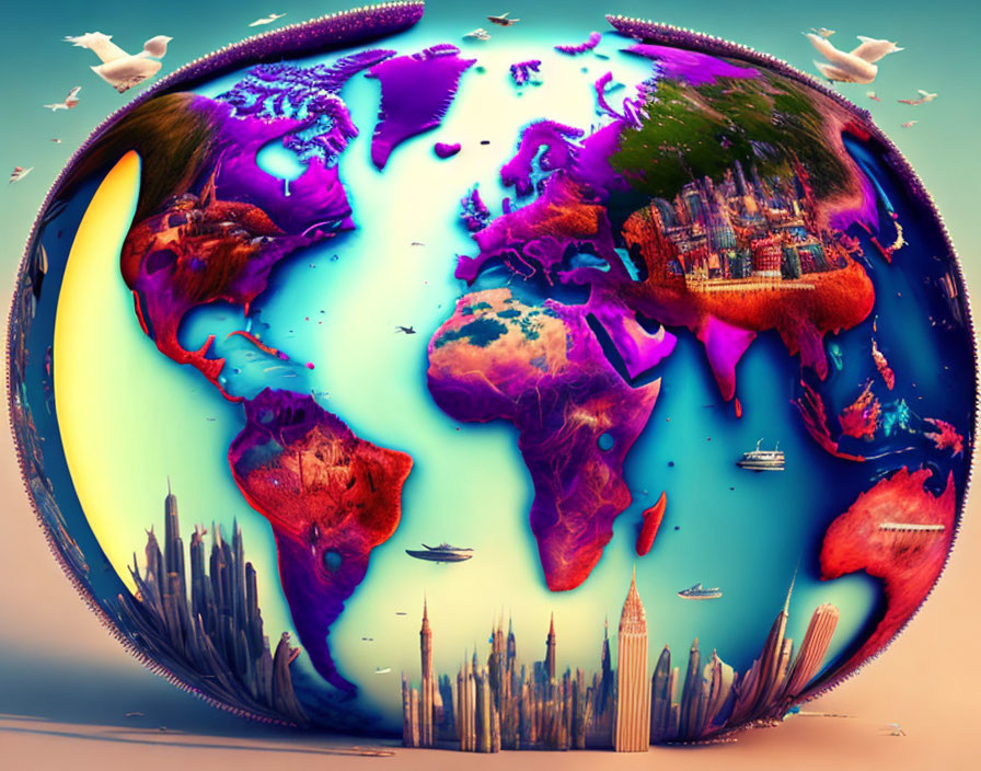 Vibrant surreal Earth illustration with purple continents and melting effect