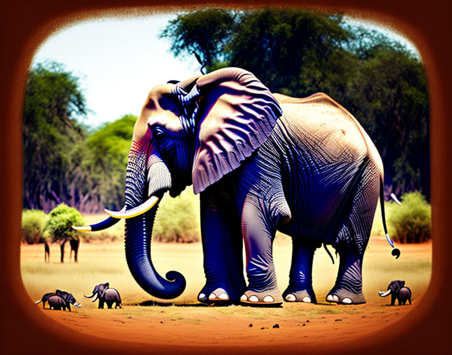 Stylized large blue elephant with smaller elephants in warm-toned savanna setting