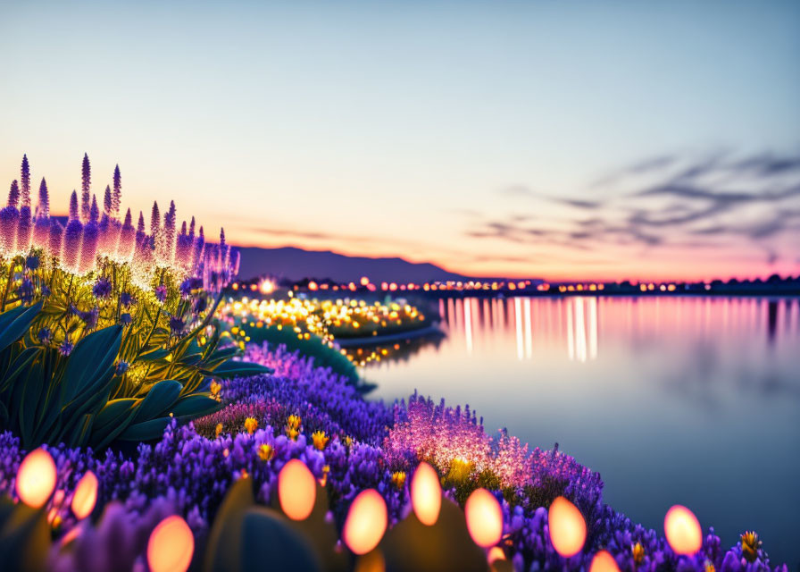 Tranquil lake with purple flowers and city lights reflected in twilight sky