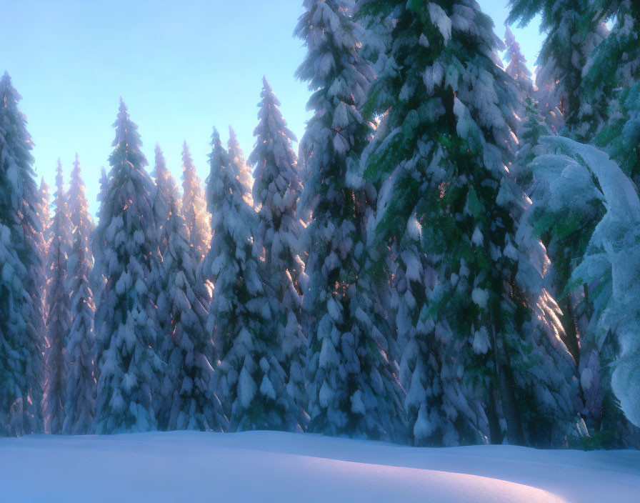 Winter scene: Snow-covered pine trees at sunrise or sunset