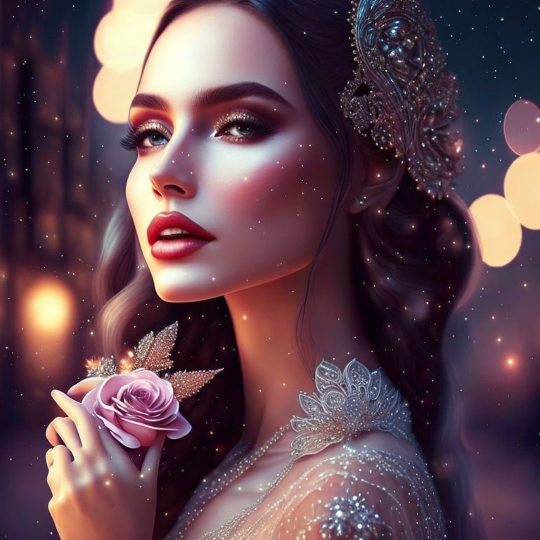 Illustrated portrait of woman with intricate hair accessory and rose in glowing lights