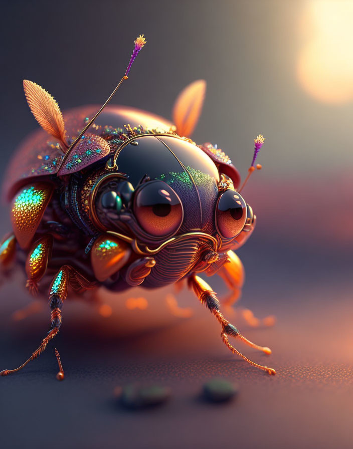 Digital Artwork: Stylized Mechanical Insect in Vibrant Metallic Tones