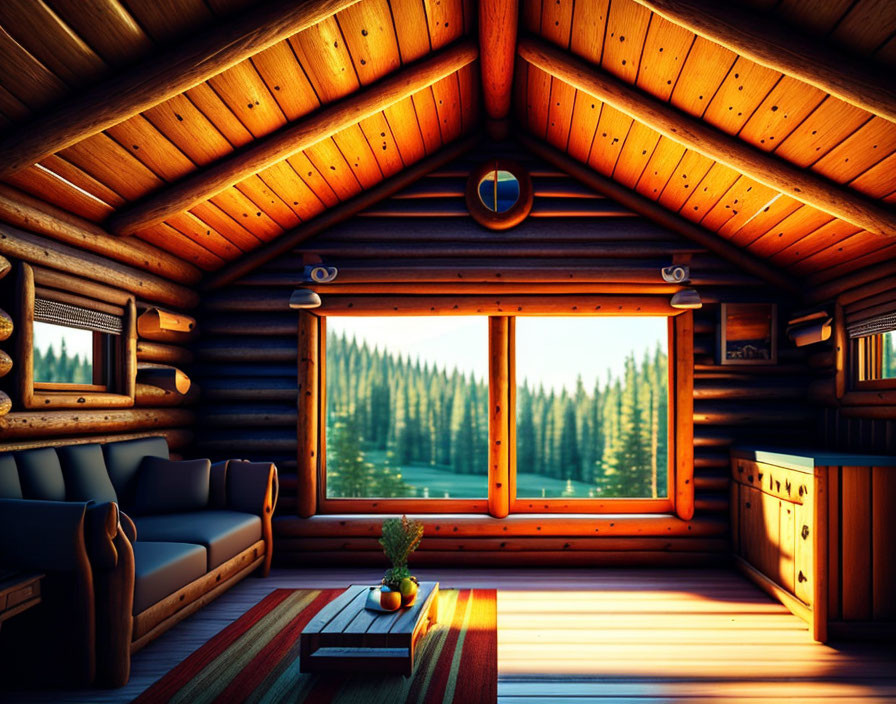 Rustic log cabin interior with sunlight and forest view