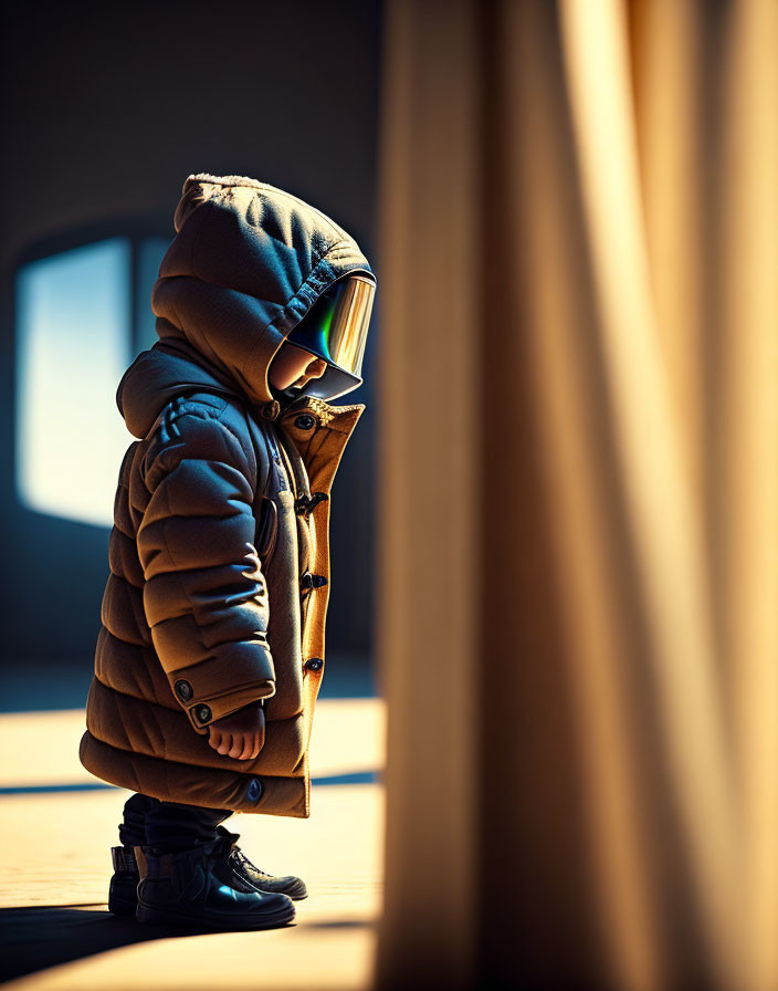 Child in hooded jacket and sunglasses by window in warm sunlight