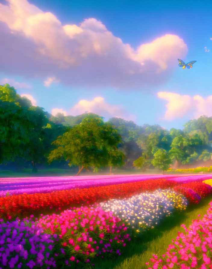 Colorful flower field under blue sky with clouds and butterfly.