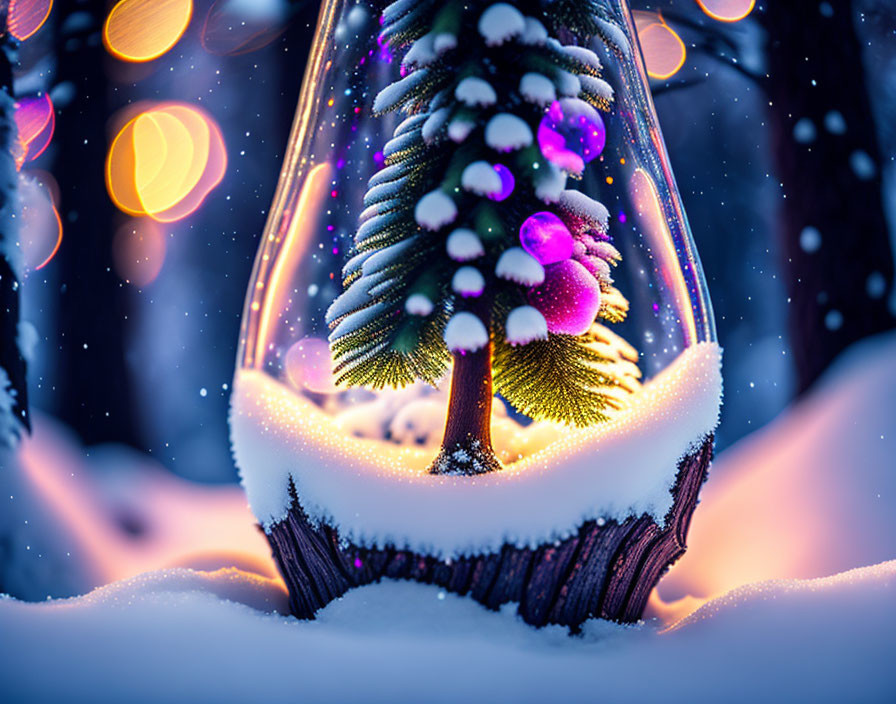 Pine tree with purple ornaments in snow under glass dome