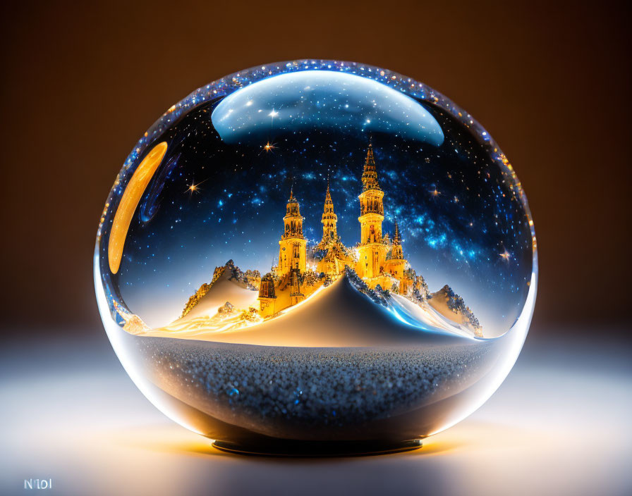 Snowy Scene Crystal Ball with Starry Sky and Castle-Like Buildings