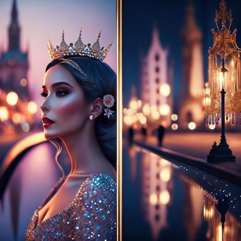 Woman in crown and sequin dress under twilight street lamps