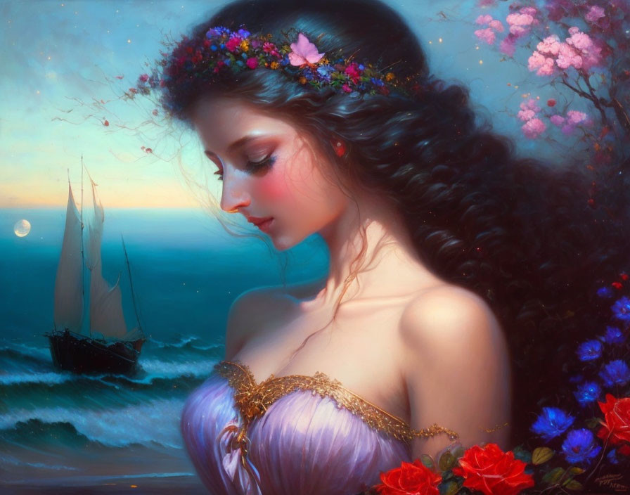 Moonlit painting: Woman with flowers gazing at ship on ocean among blooming flowers