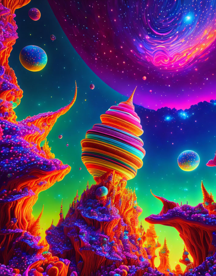 Colorful Psychedelic Landscape with Galaxies and Neon Structures