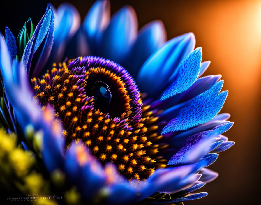 Vibrant blue gerbera flower with golden center in close-up shot