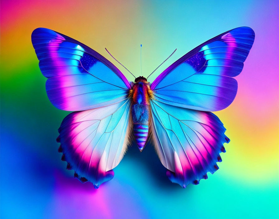 Colorful Butterfly with Large Wings on Rainbow Background