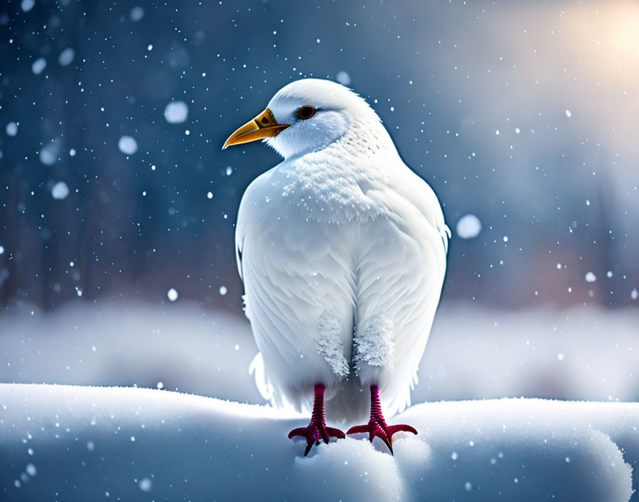 White bird with yellow beak and red feet in snowy landscape