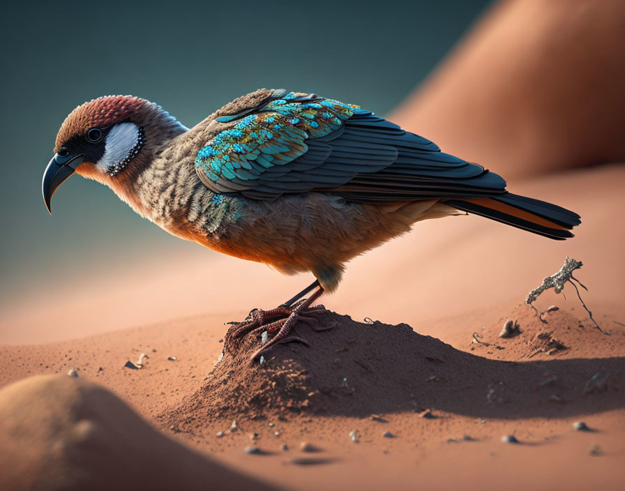 Colorful bird with turquoise and orange plumage perched on sandy mound