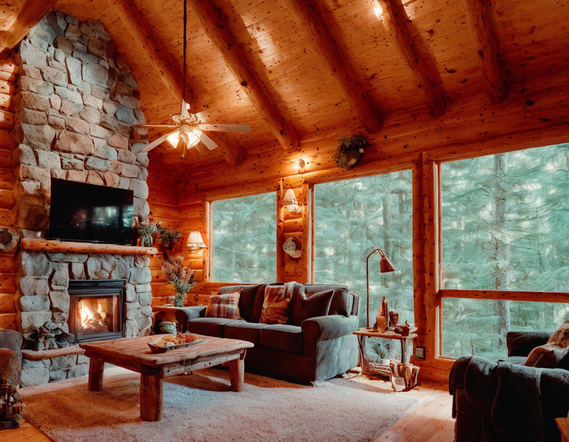 Rustic cabin interior with stone fireplace and forest view