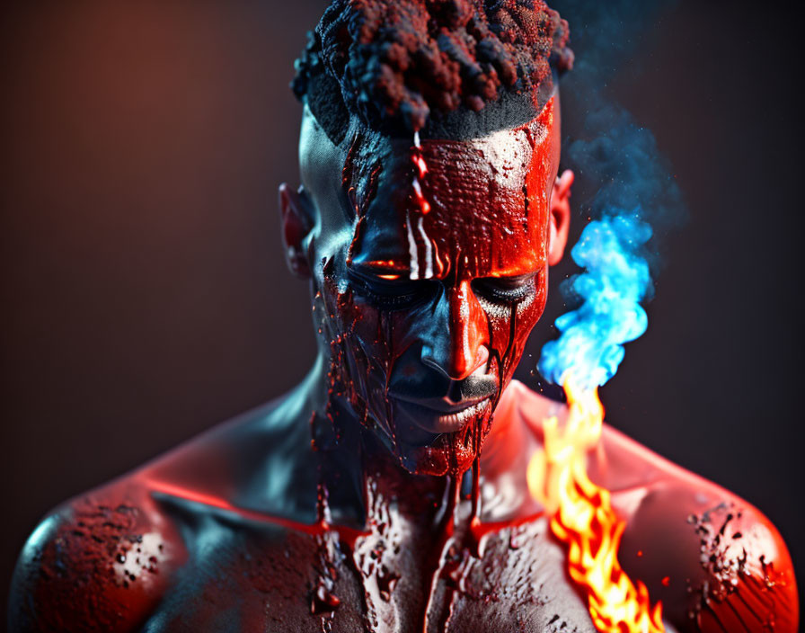 Person with red and blue body paint and fire special effects.