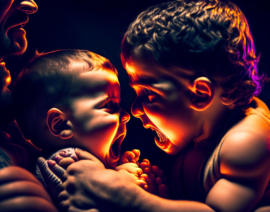 Colorful scene: Glowing baby held by adult confronting child in dramatic light.