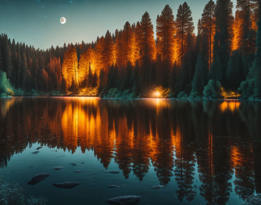 Tranquil lake mirrors autumn forest and full moon in twilight