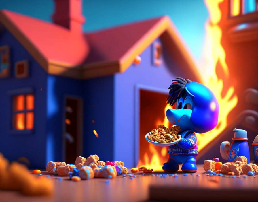 Blue 3D-animated character with cereal in front of burning house