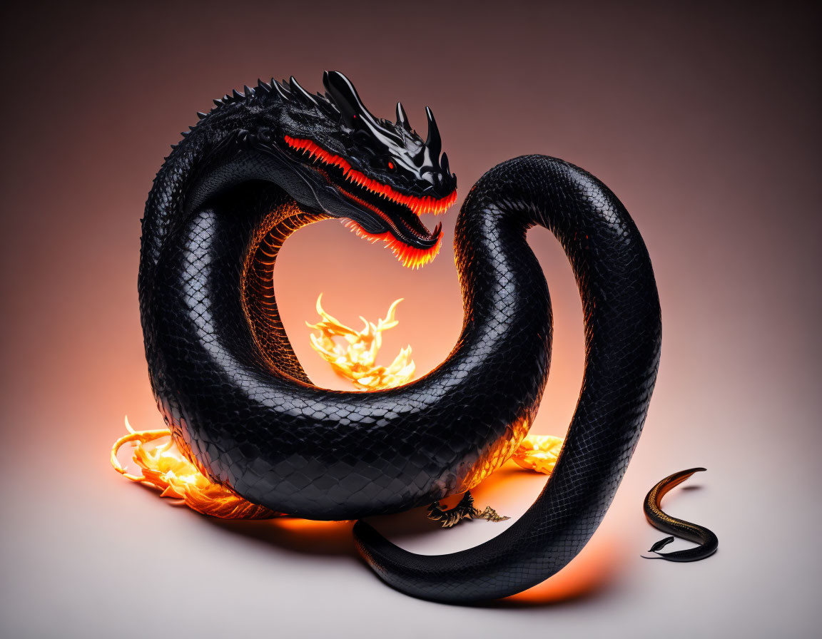 Stylized black dragon with multiple heads and red accents on gradient background