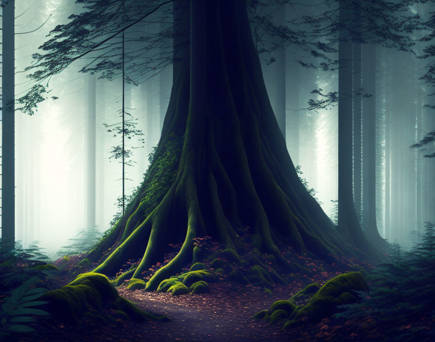 Misty forest with large central tree and winding path