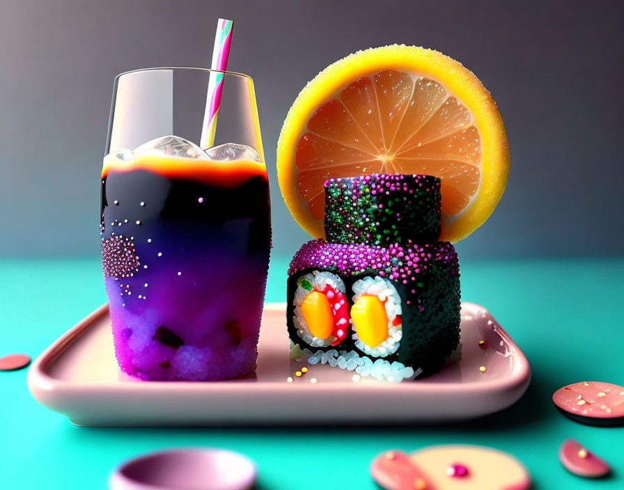 Colorful purple gradient drink and sushi with lemon slice on pastel tray.