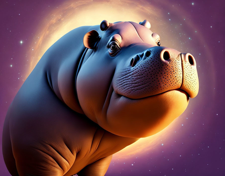 Cartoon hippopotamus on cosmic purple background