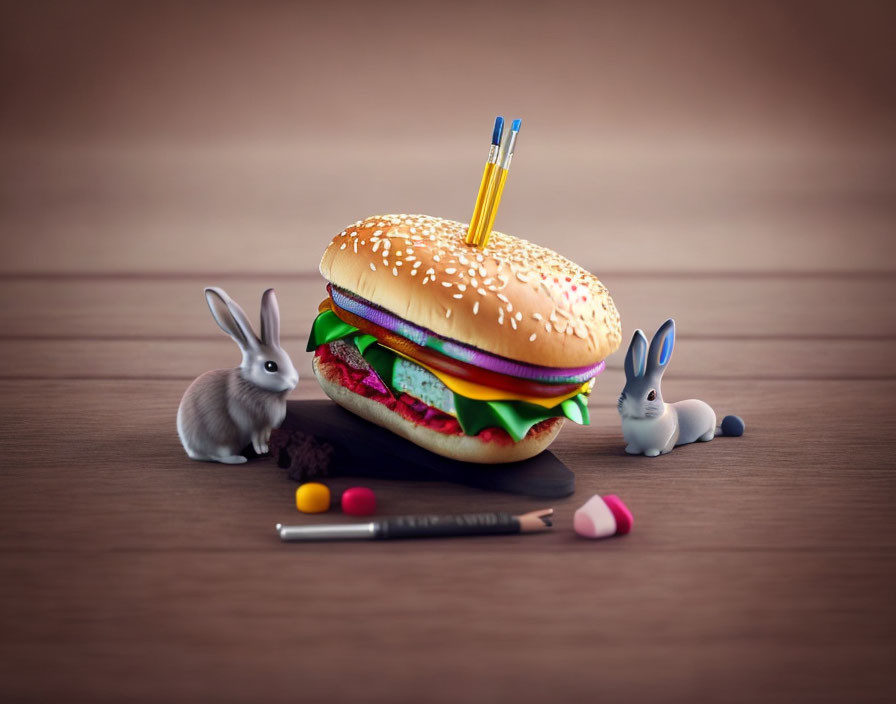 Miniature rabbits with stationary items and burger on wooden surface